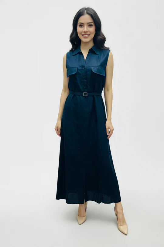 ZIB CLOTHING ARTICLE # 2211 Dark Blue Belted Maxi Dress